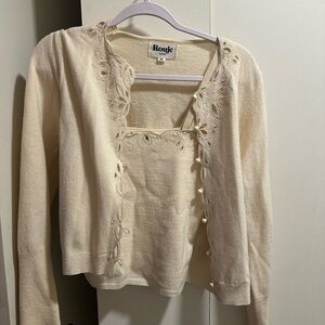 Rouje Ivory Cardigan with Leaf Embroidery